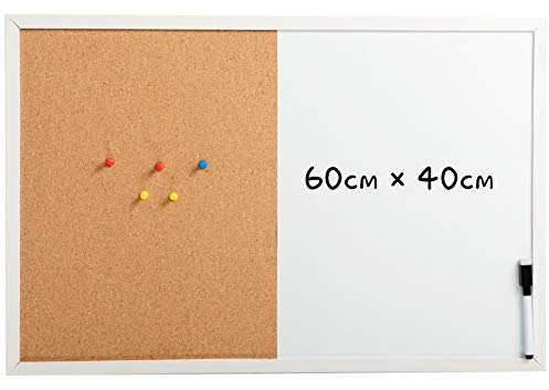 DOEWORKS 60 x 40cm Magnetic Whiteboard & Cork Board Combo Board, Wall Mounted Hanging Notice Board, Dry Erase and Bulletin Combination Board with White Wood Frame