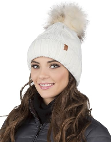 VIVISENCE Bonnet Femme d'hiver Automne en Tricot Doux Doublé Polaire avec Pompon en Fausse Fourrure Antistatique Chaud Et Ajustable Parfait pour Les Jours Froids 7014, Écru,Taille Unique