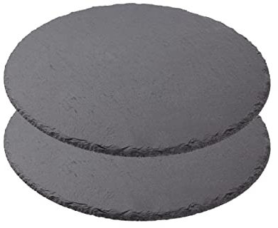 Plato Llano de Pizarra Natural, Fuentes de Cocina, Platos para Sushi, Plato de Pizarra, Bandejas para Servir Alimentos Quesos, Tapas Sushi, Negro, Tablas de Piedra Redonda 33 cm - 2 Unidades