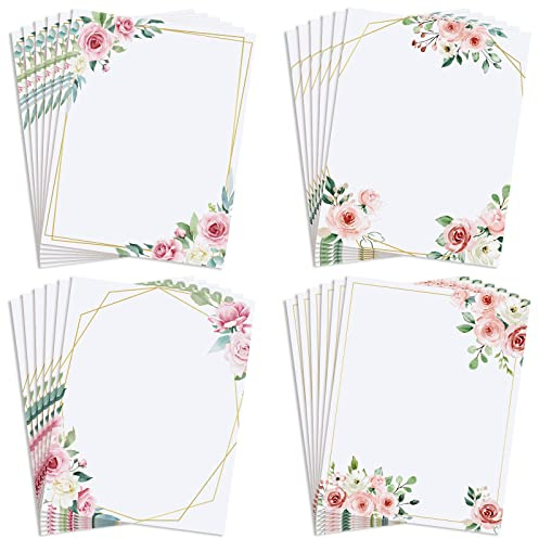 Teling 48 Sheets Decorative Printer Paper Writing Scrapbook Wedding Program Paper 8.27 x 10.6 Inches Greenery Flower Border Writing for Drawing Office Thank Greeting Stationery Supplies (Rose)