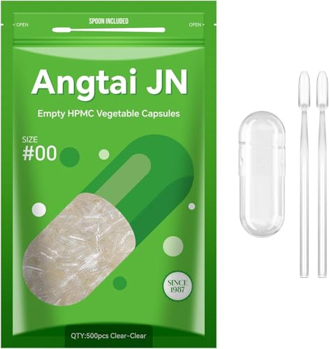 Angtai JN Gélules Vides Végétales à Remplir Taille 00 (500 unités) Capsule Vide avec Micro Cuillère,Certifié Casher,Halal,Empty Capsules Compatible avec la Machine de Remplissage de Capsule 00