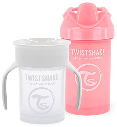 TWISTSHAKE Tazas Antiderrame Para Bebés - Set De 2 | 1x Taza 360 + 1x Taza Con Asa | Tazas De Entrenamiento Para Niños | Biberón De Aprendizaje | Blanco Rosa