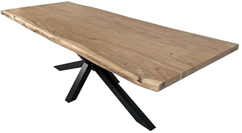 SAM Esstisch 280 x 100 cm Cali, Baumkantentisch naturfarben, Akazienholz massiv, Spider-Gestell aus Metall Schwarz, aufgedoppelte Kanten 25+25 mm