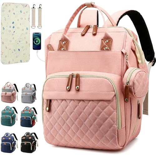 SHITIESHOU Diaper Bag Backpack Baby Bag, Baby Girl Boy Diaper Bag for Dad Mom with Pad,16 Pockets, Pacifier Case, Large Diaper Bags Unisex for Travel (Orange Pink)