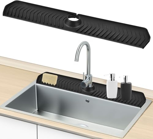 Kitchen Sink Silicone Splash Guard Mat,Silicone Draining Mat,Faucet Drain Mat,Sink Water Splash Guard as Soap Dish & Sponge Holder for Kitchen Counter Bathroom, 29.92 X 5.71,Black