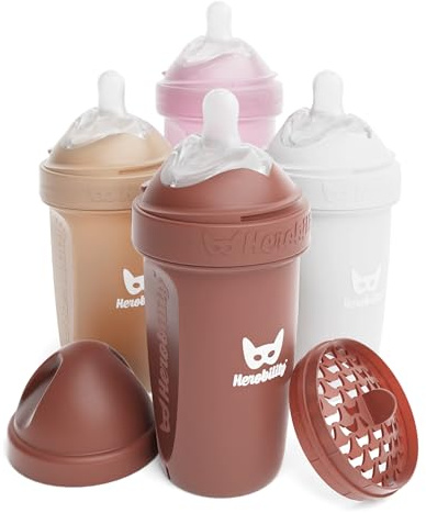 Herobility Anti-Colic Baby Bottles 8.5 fl oz/240ml - Pack of 4 Plastic Baby Bottles, Slow Flow Plastic Bottles, Breast-Shaped Teat for Breastfed Babies – Multicolor – Sand, Woodchuck, Pink, White