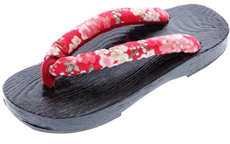 Kawaii-Story K-G-50-14 - Sandali da donna con fiori di Sakura e fiori rossi in legno nero giapponese, Geta Tabi Kimono Geisha, Colore: rosso, 39 EU