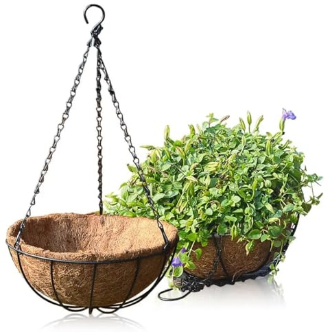 pdodo Pot de Fleurs Suspendu en Fer Forgé avec Doublure en Fibre de Coco et Chaîne de Suspension - Décoratif