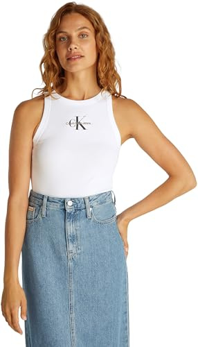 Calvin Klein Camiseta de Tirantes Mujer Monologo Rib Skinny Fit, Blanco (Brilliant White), XL