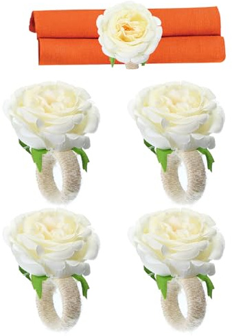 PATIKIL Handgjorda rosblomma servettringar, 4-pack hantverk blommig servetthållare för bröllop födelsedag bankett bordsdekoration jul Thanksgiving, vit