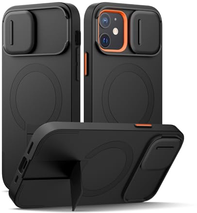 SURITCH Cover Magnetica compatibile con iPhone 12/12 Pro, alloggiamento a prova di urti custodia protettiva con coperchio della fotocamera scorrevole e supporto regolabile(nero)