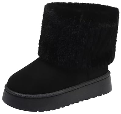 Kvinnor Faux Fur Mid Calf Snow Boots Varma Mocka Vinterstövlar Med Lurvigt Foder Och Halkfri Sula
