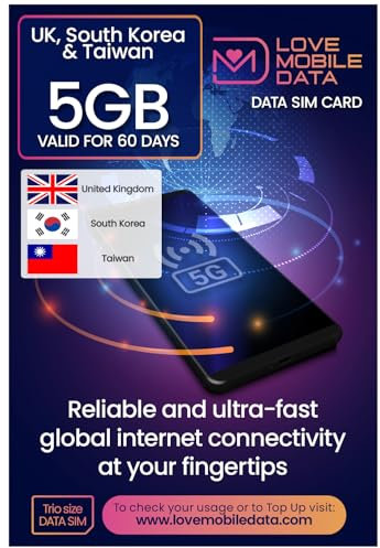 Love Mobile Data Only Sim Card - International Multi-Network 4G/5G Prepaid Pay As You Go Data Sim for Mobile Phones, WiFi Routers & More, UK, South Korea & Taiwan - 5GB for 60 Days