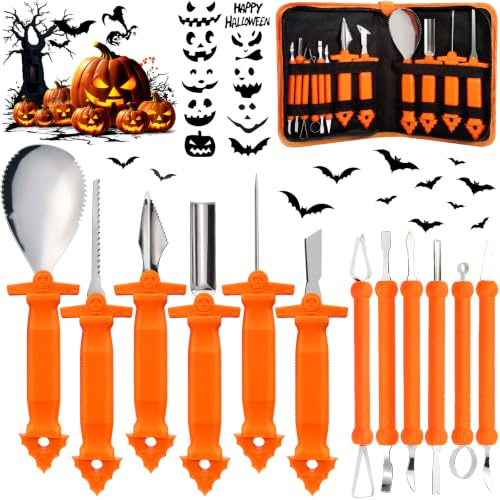 MKAKYES Juego de Tallado de Calabaza de Halloween, 12 Piezas Herramientas de Talla de Calabaza de Acero Inoxidable, con Bolsa de Almacenamiento y 10 Plantilla de Grabado, para adultos y niños