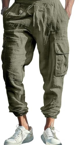 OLIPHEE Pantalones Cargo Hombre de Lino Cintura Elástica Pantalones de Trabajo Hombre con Cordón y Bolsillos Pantalón Deportivo Casual Transpirable Verde Ejército M