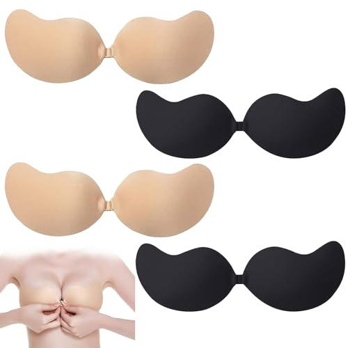 Stick On Bra, Strapless Push Up Bra, 4 Pairs of Black and Skin Color Sticky Bra for Women, Stick On Bra Push Up for Low Cut Dress Weddings Parties Dances (UK, Cup & Band, D, Black and Nude Colors)