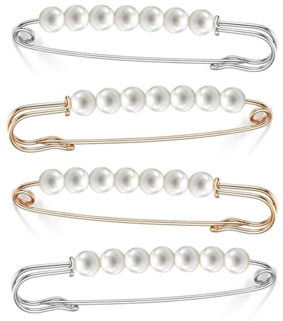 OUDQFCJ 4 Piezas Broches Imperdibles con Strass para Pullover, Bufanda, Clips de Collar y Cintura de Falda (7,5 x 1,5 cm) (Dorado y Plateado)