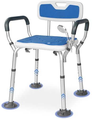 FREEAMG Chaise de Douche Réglable en Hauteur (70-82CM), Tabouret de Douche avec Accoudoirs et Dossier pour Personnes Âgées, Femmes Enceintes, Assemblage sans Outils, Capacité de Charge 136 KG