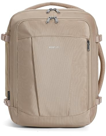 ECOHUB Handgepäck Rucksack Unter-Sitz, Ryanair Easyjet Personal Item Rucksack mit 13 Taschen, Leichter Reiserucksack aus Recyceltem PET für Flugreisen, Damen Herren, 40x30x20 cm 24L(Hellbraun)