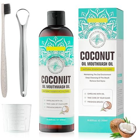 Aceite Coco Enjuague Bucal, con Raspador de Lengua y Cepillo de Dientes, Oil Pulling, Enjuague Bucal Aceite de Coco y Menta, Refresca el Aliento, Blanquea los Dientes, 315ml