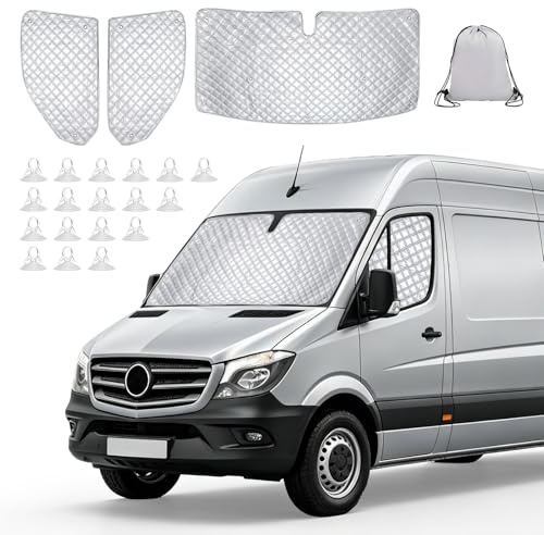 Internal Thermal Windscreen Covers for Mercedes Sprinter 2006-2018, 3PCS Waterproof UV-Proof Internal Thermal Blind Set Foldable Front Window Screen Cover, Internal Blackout Privacy