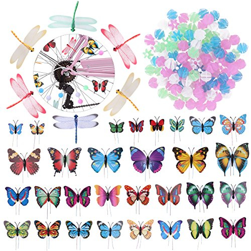 VORCOOL Speichenclips Speichenperlen Speichenklicker für Kinder Mädchen Erwachsene Fahrrad Deko 108 Stücke Perlen + 30 Stücke Schmetterlinge + 6 Stücke Libelle