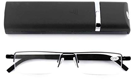 Ultraleichte TR90 Lesebrillen Herren Damen Klassische Metall Sehhilfe Halbrandbrille Schmal Stil Brille Lesehilfe mit Etui und Brillenputztuch(Schwarz，+1.5）