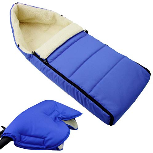 BAMBINIWELT KOMBI-ANGEBOT Muff + vinterväska 108 cm – av lammull för barnvagn, buggy, hjulberlock – ylle – LINIERT blå