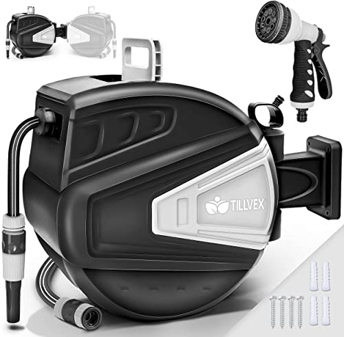 tillvex Carrete para Manguera de agua 30+2m con soporte de pared y asa | Enrollador de manguera con pistola manual y manguera de jardín | Caja de manguera para pared con enrollado automático