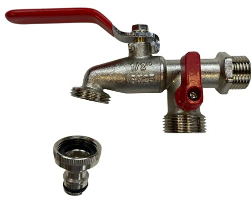 Grifo para jardín (1/2) con 2 salidas independientes , una de 3/4, con acople rápido para manguera y otra de rosca macho de 3/4 con grifo de esfera independiente. Fabricado en latón PN25. Universal