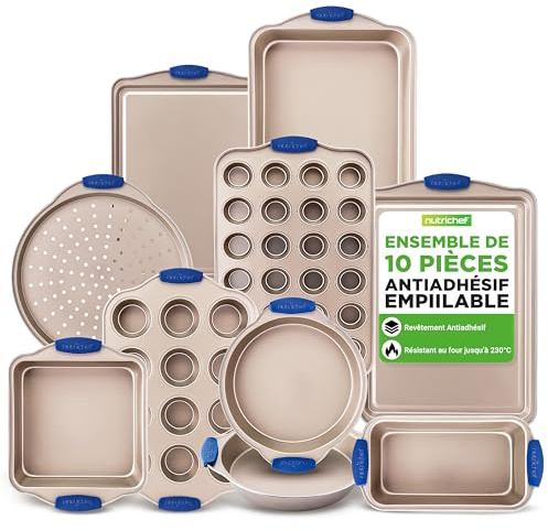 NutriChef Set 10 Pezzi Teglie Forno Antiaderenti in Acciaio al Carbonio con Manici in Silicone, Teglie da Forno per Pizza, Pane, Dolci, Torta, Biscotti, Stampo Muffin e Stampo Plumcake