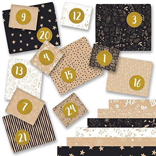 Papierdrachen DIY Adventskalender Geschenkpapier 2025 - Wrapping Paper mit Zahlen von 1-24 - Motiv Packpapier Set 6 - Geschenkverpackung Advent für größere Geschenke - 24 Bögen 29,7 x 42 cm - Set 6
