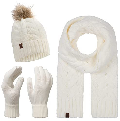 Rock Creek Winter Mütze mit Bommel Schal Set Geschenkset Wintermütze Winterschal Winterhandschuhe Herrenmütze Damenmütze U-101 Weiß Einheitsgröße