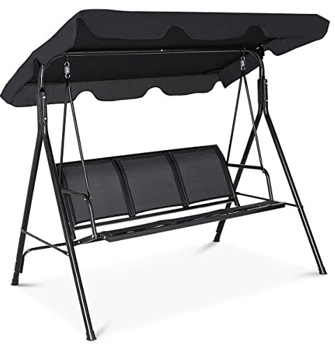 GYMAX Sedia a Dondolo a 3 Posti da Giardino con Tettuccio, Struttura in Acciaio, Altalena da Giardino, Altalena per Esterni per Patio, 170 x 155 x 110 cm (Nero)