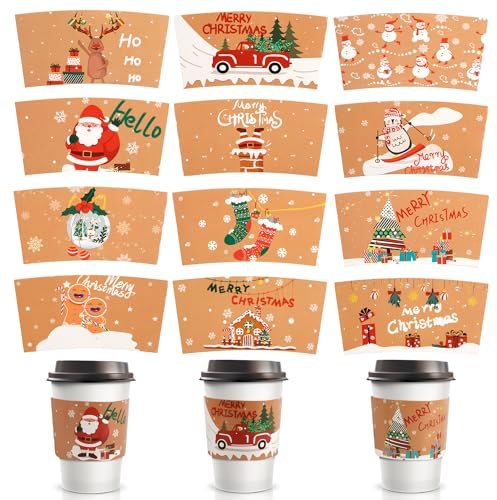 PEUTIER 24pcs Christmas Coffee Cup Sleeves, Christmas Cup Sleeves Double-Layer Paper Hot Chocolate Cup Sleeves Insulated Coffee Cup Sleeves for 12/16oz Cups Hot/Cold Beverage (12 Designs)