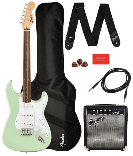 Fender Squier Sonic Stratocaster Pack - Surf Green Bundle with Frontman 10G Amp, Gig Bag, Instrument Cable, Strap, Picks, and 3-Month Fender Play