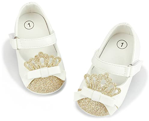 CENCIRILY Baby Girl Mary Jane Anti-Slip First Walking Dress Shoes | For 0-18 Months, Bow Decor, Synthetic Leather Upper, Soft Flexible Sole, Hook&Loop Strap, Ideal for Baptism Party