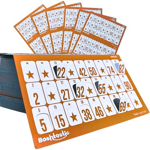 Bashtastic 504 Cartones Bingo Troquelados - Cartones Bingo para Jugar a Bingo Juego de Mesa Adulto, Bingo Cartones 90 Bolas, Reutilizables y Todos Distintos Entre sí (Naranja, 504 Cartones)
