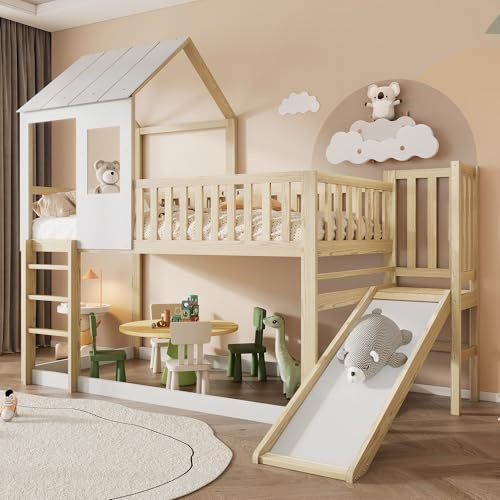 Sapgaks Lit cabane Enfants 90 x 200,lit superposé Enfant antichute,lit Mezzanine 2 Places,avec échelle à Angle Droit et Toboggan, avec Toit et fenêtre,et Grille,Structure en pin,Naturel Blanc