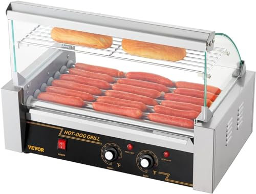 VEVOR Rouleau à hot-dogs, 7 rouleaux, machine à griller les saucisses en acier inoxydable avec double contrôle de température, 18 hot-dogs,1,4 KW avec couvercle, étagère chauffante pour petits pains