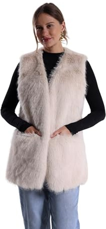 FunnyCos Women's Faux Rabbit Fur Vest Jacket Waistcoat Coat Winter V Neck Sleeveless Fluffy Warm Fake Fur Gilet with Pockets Beige,L