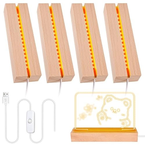 BORDEAG 4 Pièces Socle Lumineux LED Bois, Bases Lumineuses LED En Bois, Bases D'Éclairage LED, Base D'affichage LED En Bois Pour Décoration Artistique En Verre De Cristal, Résine, Loisirs Créatifs