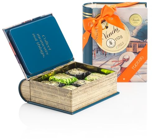 Venchi - Minilibro en Lata Milán con Bombones Chocoviar, Chocolate Negro y Pistacho, 112 Gr, Sin Gluten, Sin Colorantes, Sin Conservantes, Idea para Regalo