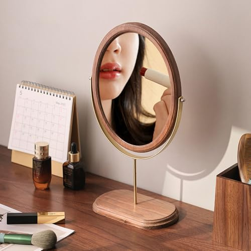 Hosoncovy skrivbordsspegel i trä med stativ, oval bas, bordsspegel, 34 L x 12 W cm, guld– ljusbrun