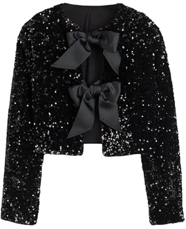 Chaqueta de mujer con lentejuelas y lazo en la parte delantera, top corto brillante de manga larga con lazo para fiestas, conciertos y noches(Nero,M)