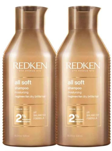 Redken Haarshampoo für trockenes und brüchiges Haar, Belebt und hydratisiert, Mit Omega-6 und Argan-Öl, All Soft Shampoo, 2 x 500 ml