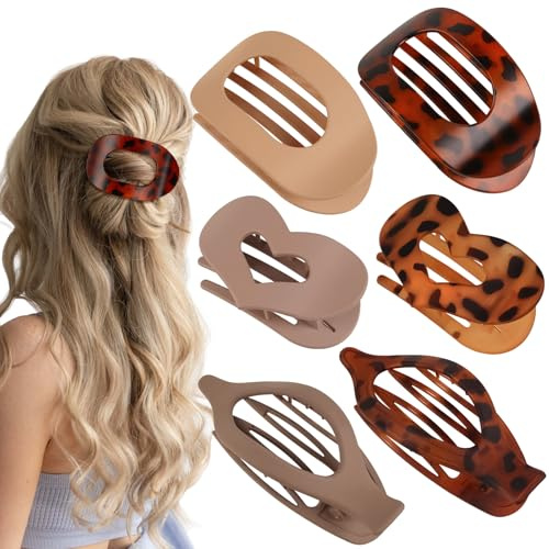 6 horquillas planas para el pelo para mujer, 3 estilos, ergonómicas, curvas, para cabello grueso y rizado, agarre fuerte, no se desliza, pinzas para todas las texturas de cabello (leopardo)