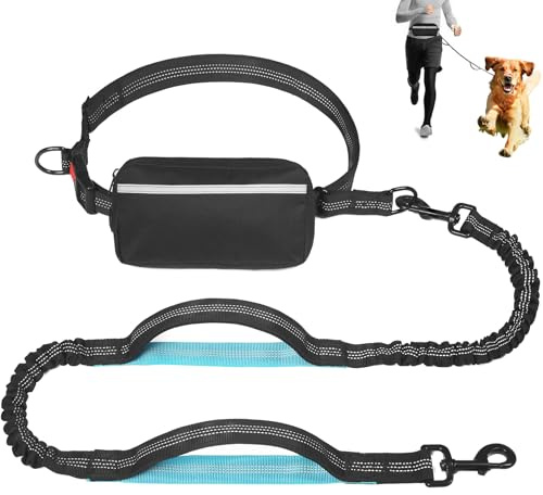 Dog Running Lead, Hands Free Dog Lead With Removable Waist Bag And Adjustable Waists Belt, Reflective Elastic Dogs Running Belt, Double Handle Leash, Suitable For All Dogs Breeds (Black)