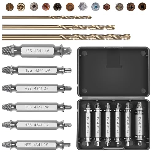 Flintronic 6Pcs Damaged Screw Extractor Set, Rounded Screw Remover Kit And Extractor Bit Set, HSS 4341, easy out bolt stud extractor set double ended for broken stripped screws(with cobalt drill bits)