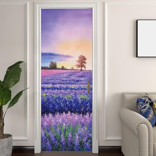 Adesivi per Porte 80x210cm Fiori di Lavanda Adesivo Porta Interna Paesaggio Floreale 3D Pellicola Adesiva Carta da Parati Soggiorno Bagno Autoadesivo Porta Murale Decorazione